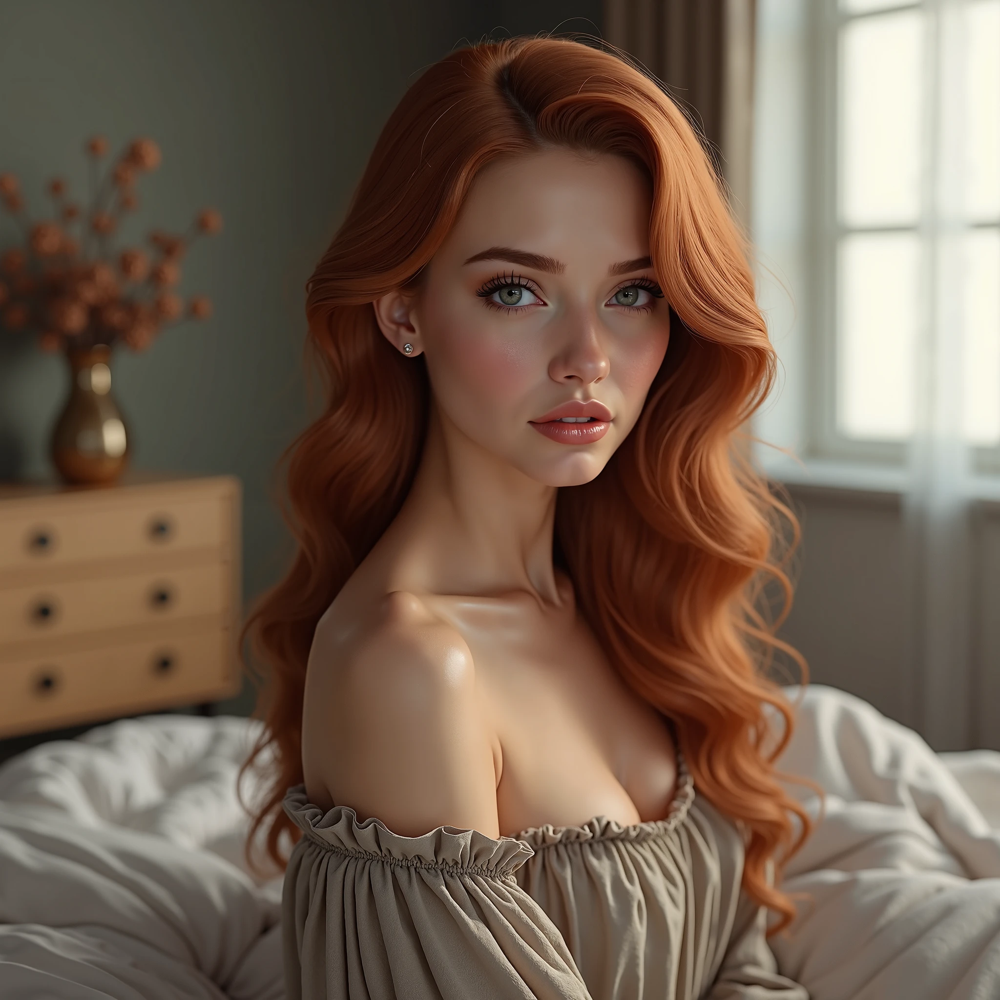 Realistic photo, beautiful Russian girl, modern bedroom in the background