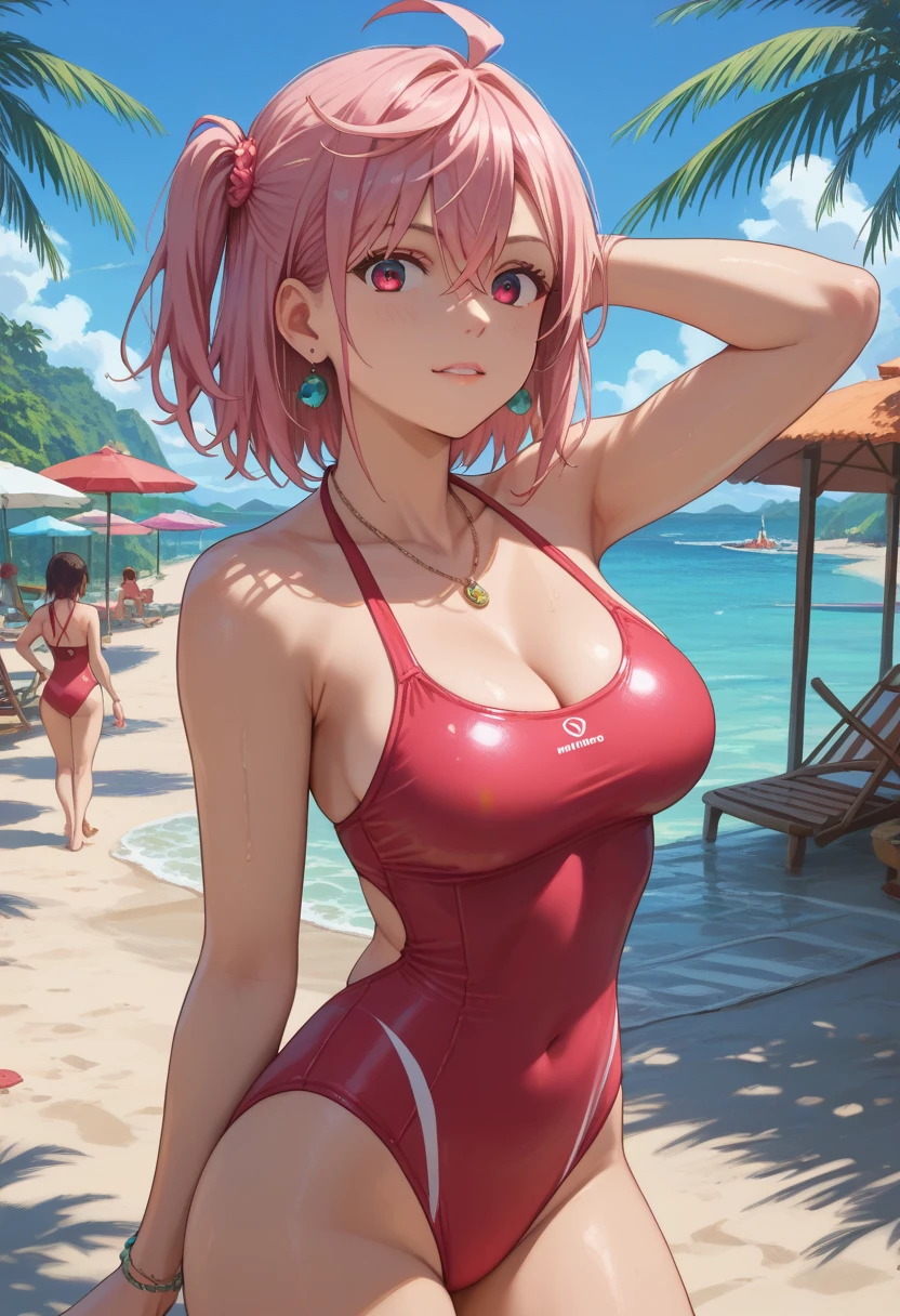 (best quality, 4k, 8k, highres, masterpiece:1.2), Pink Hair、Shorthair、breasts are beautiful and big。you are a gymnast。please do rhythmic gymnastics。