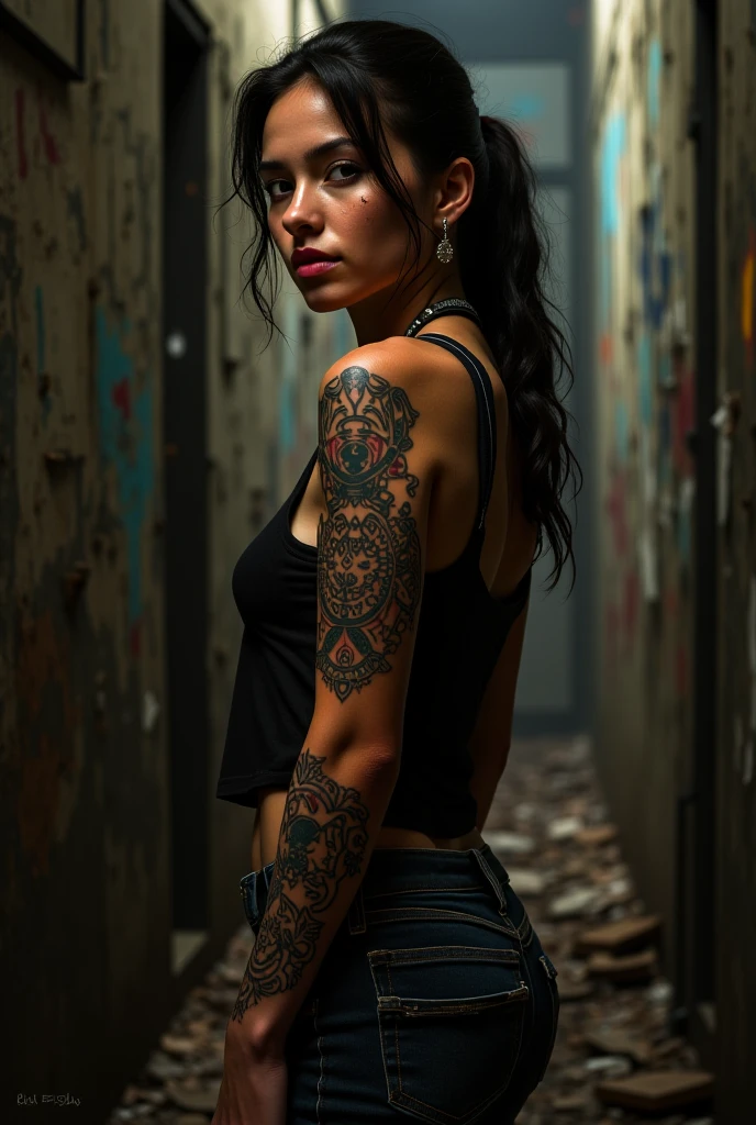 (Evangeline Lilly:Emily Rudd), tattooed, kneel down, hands in the back, bdsm collar, sweat skin, sharp focus, masterpiece, in a dungeon, ragged clothes. (1girl), (nsfw) 