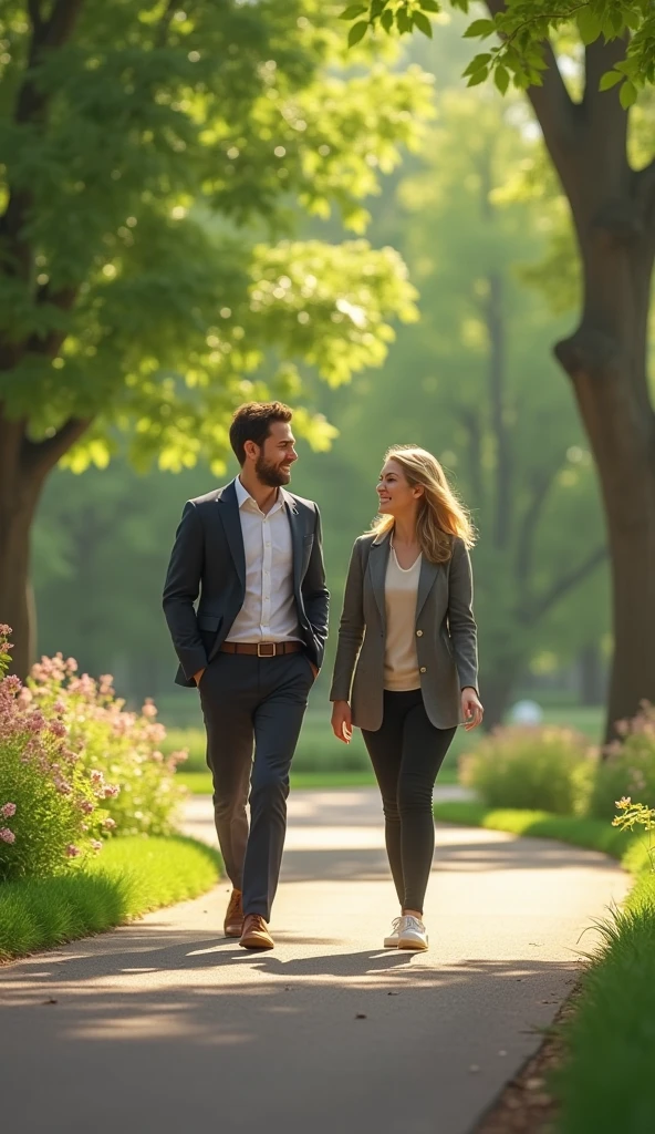 Realistic image of a person walking confidently in a park, smiling and talking to your therapist , symbolizing the regaining of autonomy and dignity after receiving support and treatment.