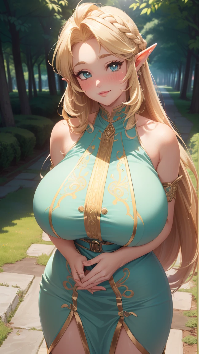 Royal Gardens, (photoRealistic:1.4), (masterpiece, Front lighting, Beautiful, detailed eyes: 1.2), masterpiece*Portraiture, Realistic, 3D Face, Shining Eyes, Shiny Hair, Shiny skin, alone, Embarrassing, (abdomen), absolute_Cleavage, necklace, sapphire_Earrings