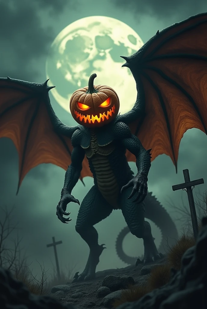 
(ultra high quality) (4k) (perfect details) A Monster with a pumpkin head sitting on a throne, this monster is bored, he is on top of a cloudy castle, there is a fire dragon surrounding the castle, the dragon is his best friend