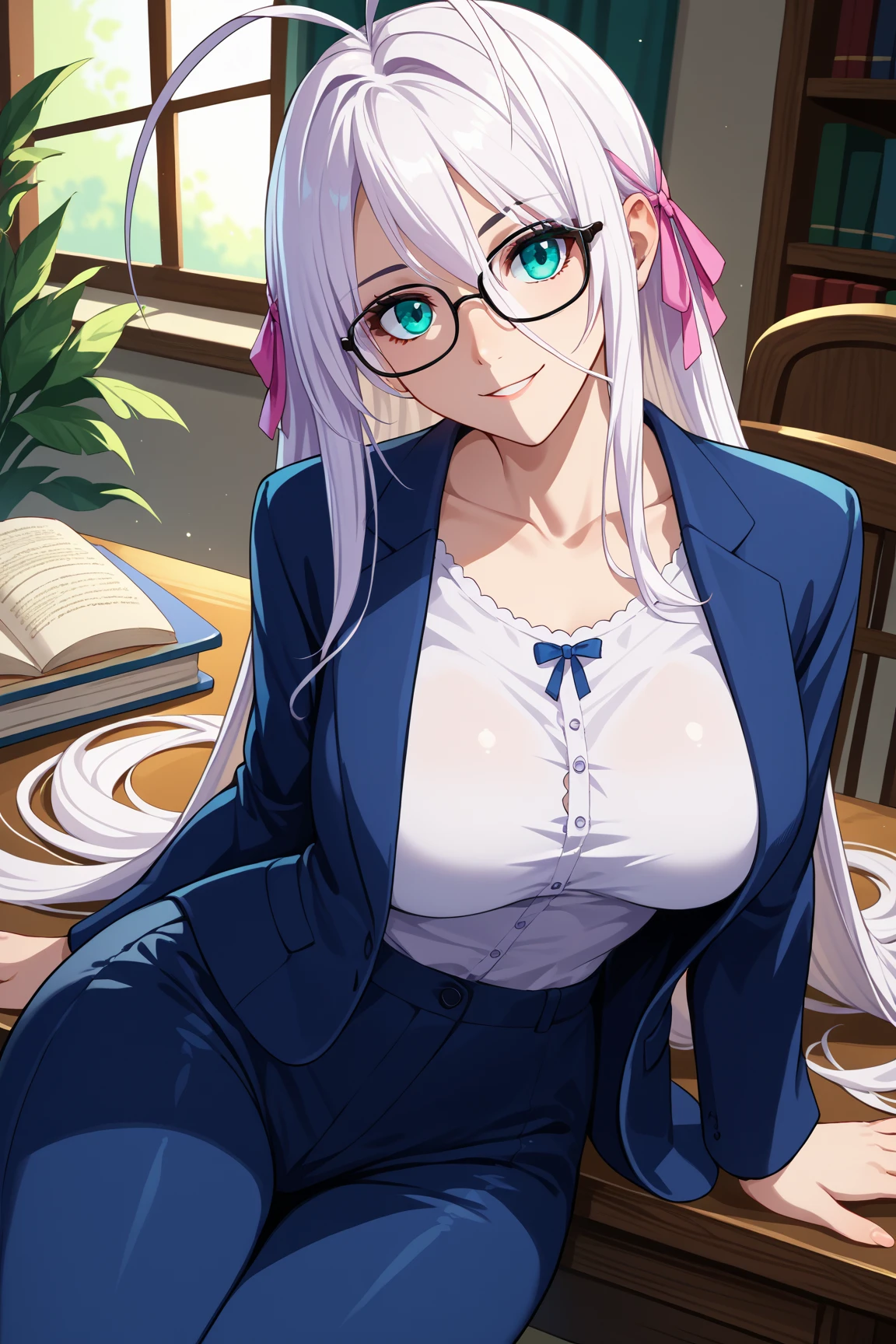(Masterpiece, best quality), detailed, (medieval magic academy uniform, glasses, reading glasses, white boots), athletic, busty, demon, demon girl, detailed beautiful purple eyes, detailed face, white hair and white skin, braided ponytail, demon horns, full of details.