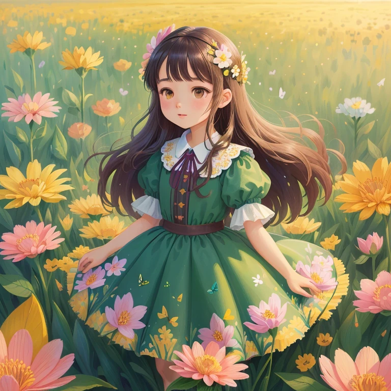 cartoon girl in a green dress and yellow shirt holding a flower, childrens art in artstation, cute detailed digital art, adorable digital painting, cute art style, cute detailed artwork, girl in flowers, cute digital art, girl in a flower field, full body portrait of a short!, girl dancing in a flower field, a beautiful artwork illustration --auto --s2