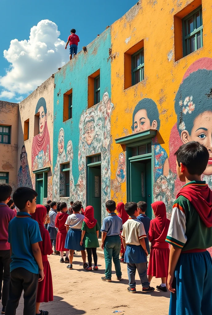 Children watching from the balcony of their school