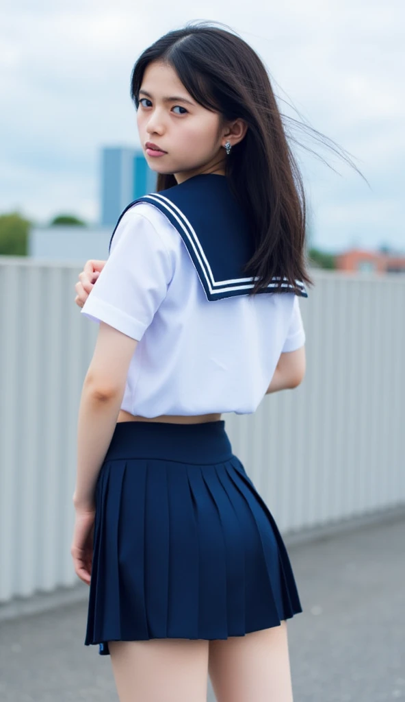 (highest quality, 8k, 32k ..., Tabletop, Hmph:1.2), (Raw photo), (Realistic), (Realistic:1.2), (High resolution), Huge file size, Super detailed, Very beautiful face & eye, One girl, (upon, 14 years old:1.2), young woman, Round and small face, Small waist, Huge, Slim figure, (Japanese Sailor Suit, sailor fuku, serafuku, Japanese school sailor uniform, Dark blue pleated skirt:1.27), (From below, White Thong, between legs:1.24、The wind blows up my skirt、Panties and ass exposed), City roofs at dawn,