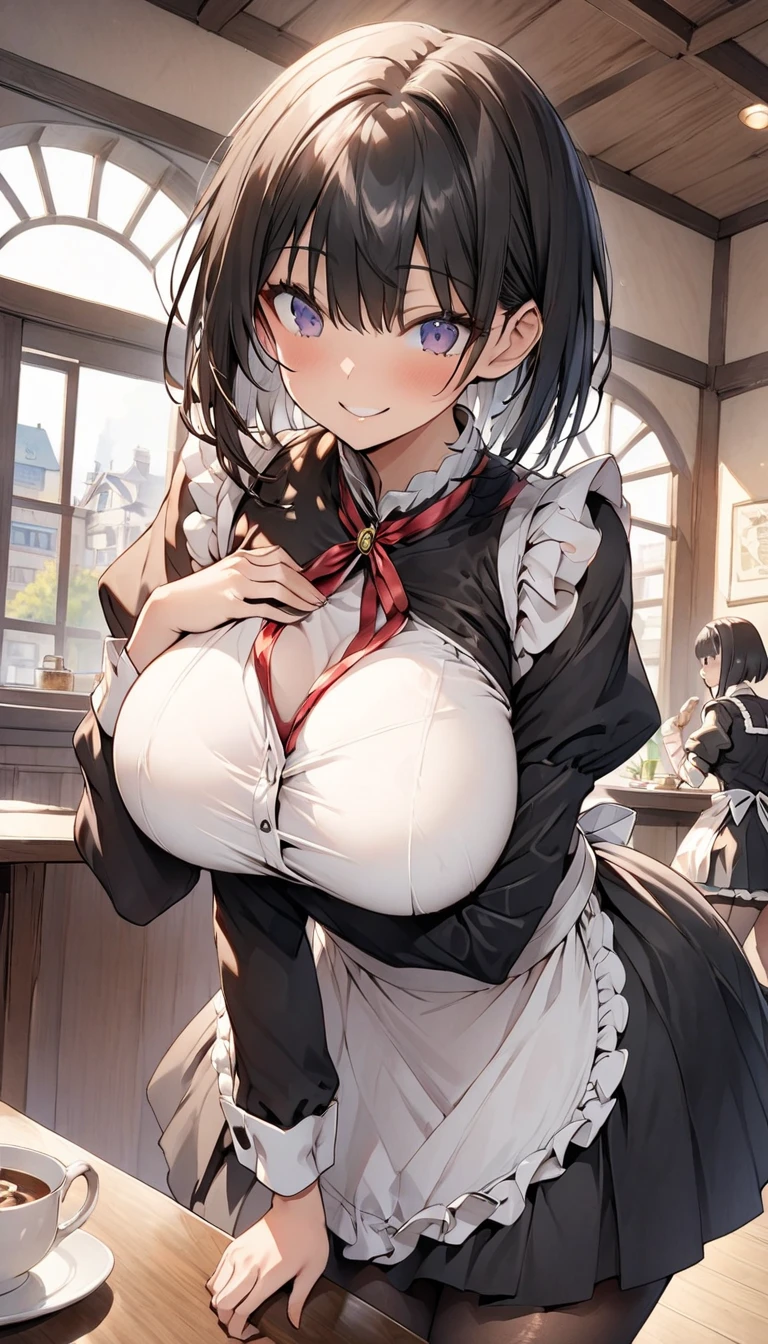 One Woman、beautiful girl、Maid、20-year-old、Bobcut、Western-style building、Maidの制服、Maidカチューシャ、Short skirt、Black Pantyhose、Highest quality, smile,Big Breasts、Very big boobs、Put your on the table、 sinking into the table、Put your boobs on the table、Bust up angle、Place breasts on table、Put your on the table、Place your chest on the table、Poses that emphasize the breasts、Sit on a chair