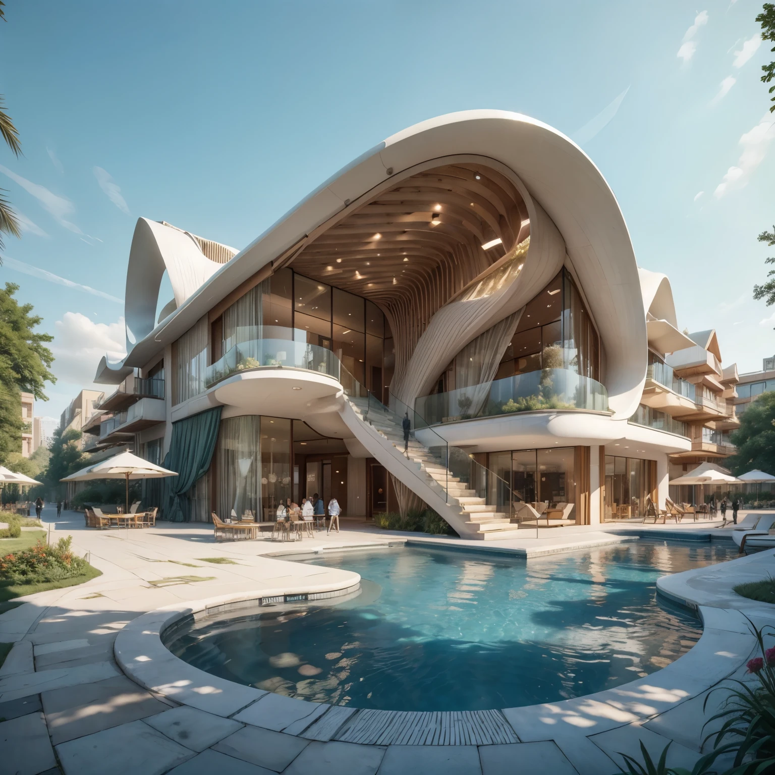 Amazing Architecture, stripe building structures, by Syd mead, park, plaza, walkways, road, trees, people, realistic, pools, BLUE SKY, NEAT, bright day, realistic, flawless, real neat structures