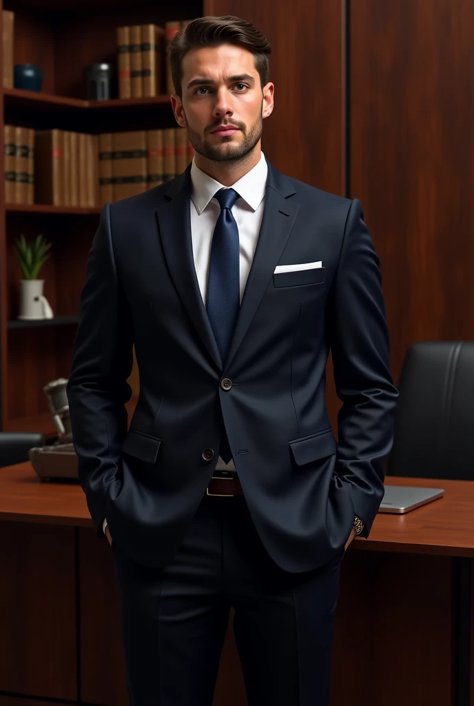A man wearing a suit without the coat sitting on top of the desk in office with crossing leg