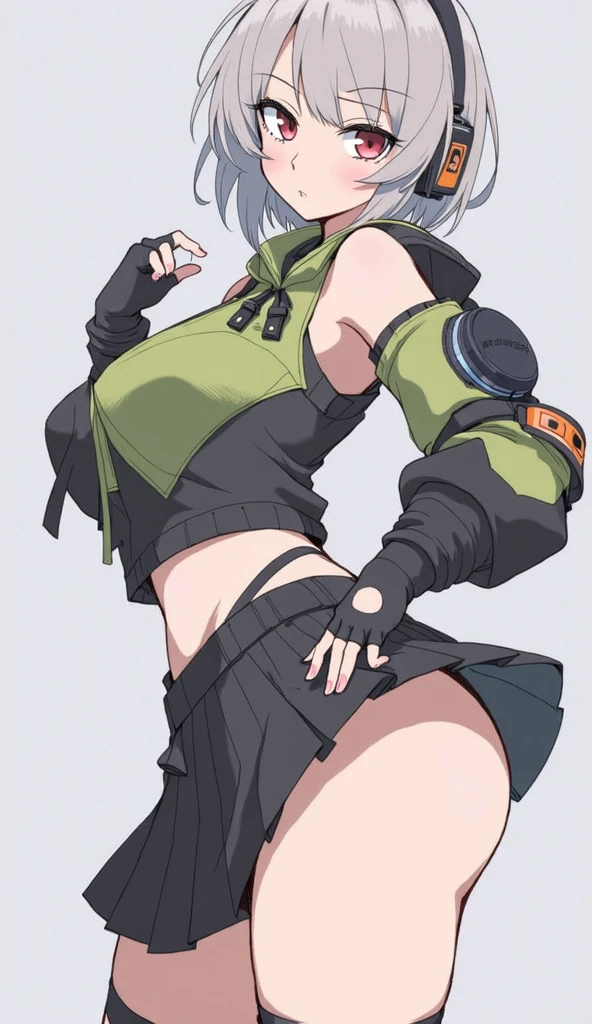 1 skinny girl, solo, light blue hair, red and purple heterochromia, bending back, looking at viewer, BREAK, black plunging neckline short dress, dark yellow cropped jacket, black thighhighs, BREAK, (bouncing unaligned huge breasts:1.2), very short torso, (inconceivably narrow waist), thin long legs, BREAK , holding a spear