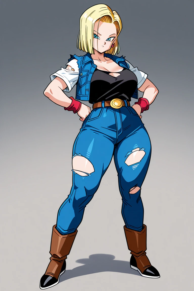 ((master part,best quality)), cabelos loiros, cabelo amarelo, absurdos, android_18_.DB, Denim Jeans Pants, camisa manga longa listrada, colete jeans azul, sozinho, sorridente, Olhando para o Viewer, cowboy shot, cinematic  composition, dynamic pose, corpo inteiro, bota marrom, perfil lateral, mostrando o lado da perna, mostrando lateral, de lateral, standing on her feet, corpo inteiro, Denim Jeans Pants azul, reflexo, cabelos curtos, bunda grande, decote, cintura fina, peitos grandes,