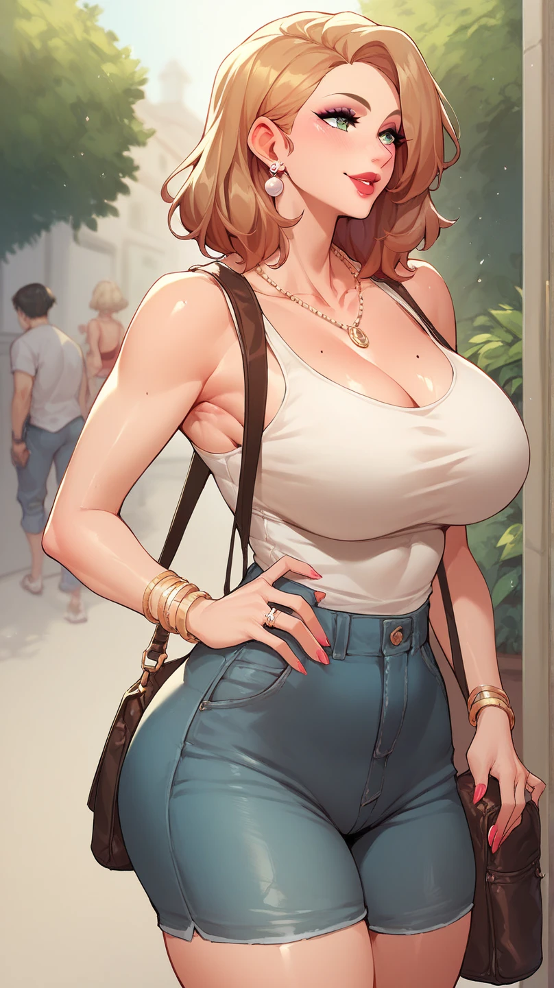 hair in a high ponytail, busty, cleavage, unbuttoned , skirt, standing, smiling, parted lips, (blushing:1.3), looking invitingly at the viewer, facing the viewer, livingroom background, leaning forward on table, (pov), glowing eyes, necklace, earrings, nsfw,