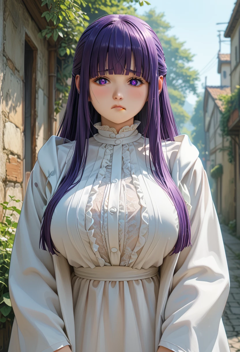 ((masterpiece, best quality, ultra-detailed, ultra-HD, photorealistic, cinematic)), ((alluring female anime, Fern of Frieren Anime)), (medium shot, from below:1.5), perfect body, sexy body, perfect face, perfect hands, delicate face, large cleavage, round ass, long round legs, (long, waist-length purple hair, styled with a straight cut and bangs, wears her hair down with two additional chest-length strands framing her face), (wearing a long, buttoned white dress with a Victorian-style top, including a frilled collar and puffy white sleeves, purple magician cafe, along with black boots), (sensual pose), (gradient background:1.5), (hands wide open), purple eyes, detailed pupils, lips, blushing, slightly parted lips