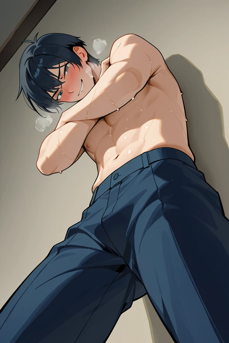 ultra-detailed, masterpiece, best quality, highres, extremely detailed, nsfw, (solo shoot:1.5), (1boy:1.5), man, lean guy, short hair, work clothes, open shirt, bottomless, torn clothes, drunk, (restrained:1.5), shackles, handcuffs, shibari, kneeling, (excessive cum:1.3), (cum on body:1.5), bus stop,