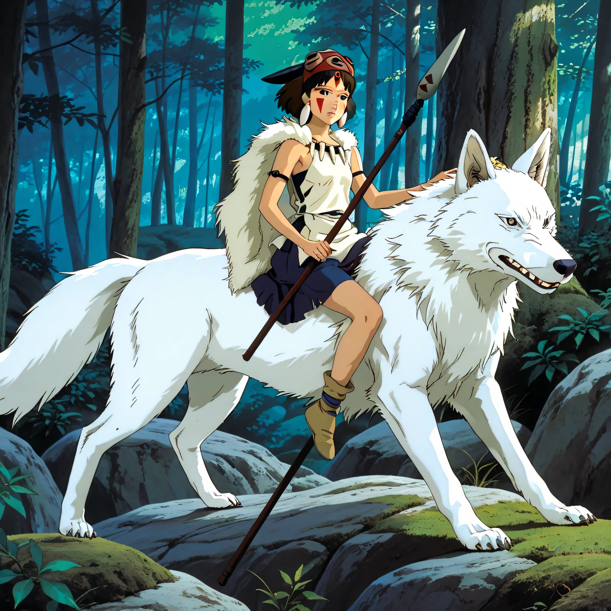 (Masterpiece), best quality, 8k wallpaper, Super detailed, beautiful,, highest quality, 1girl, dark short hair with bangs, small breasts, flat chest, beautiful face, with face paint, (XIV-years-old), wearing a thin white skirt, a white crop top, (torn clothes), and wolf mask on her head (princess mononoke style), sitting on the back of a giant white wolf riding through a mountain forest, holding a spear in her hand, studio ghibli style,, princess mononoke, short stature, perfect proportions, show full body,