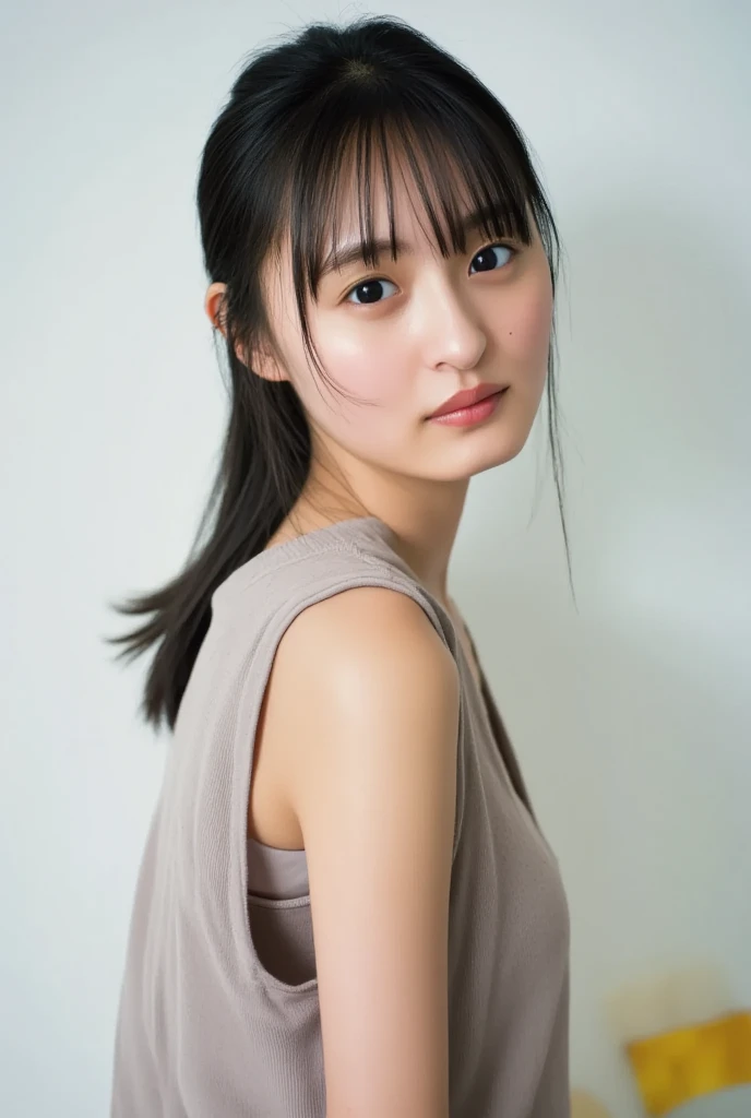 A real Japanese girl in her 20s。Photorealistic portrait of a young Japanese woman、She has long black hair and natural make-up.。Wearing a casual white blouse、Sitting in a modern cafe in Tokyo。The soft light from the window illuminates her.。Limit exposure of chest and nape。