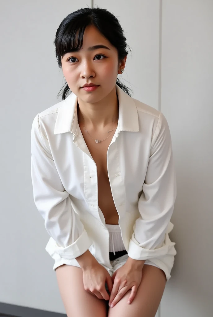 asian, glasses, shirtless, scared, sexy pencil skirt, long straight hair, long legs