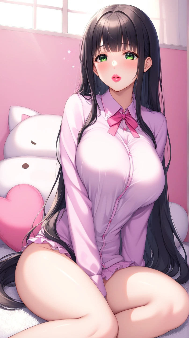 1girl,perfect ,black hair, long hair, (hair over one eye:1.4), messy hair, hair between eyes, plump, chubby,fat, saggy breast, cute motif pajama, cute shy blush on , bedroom
