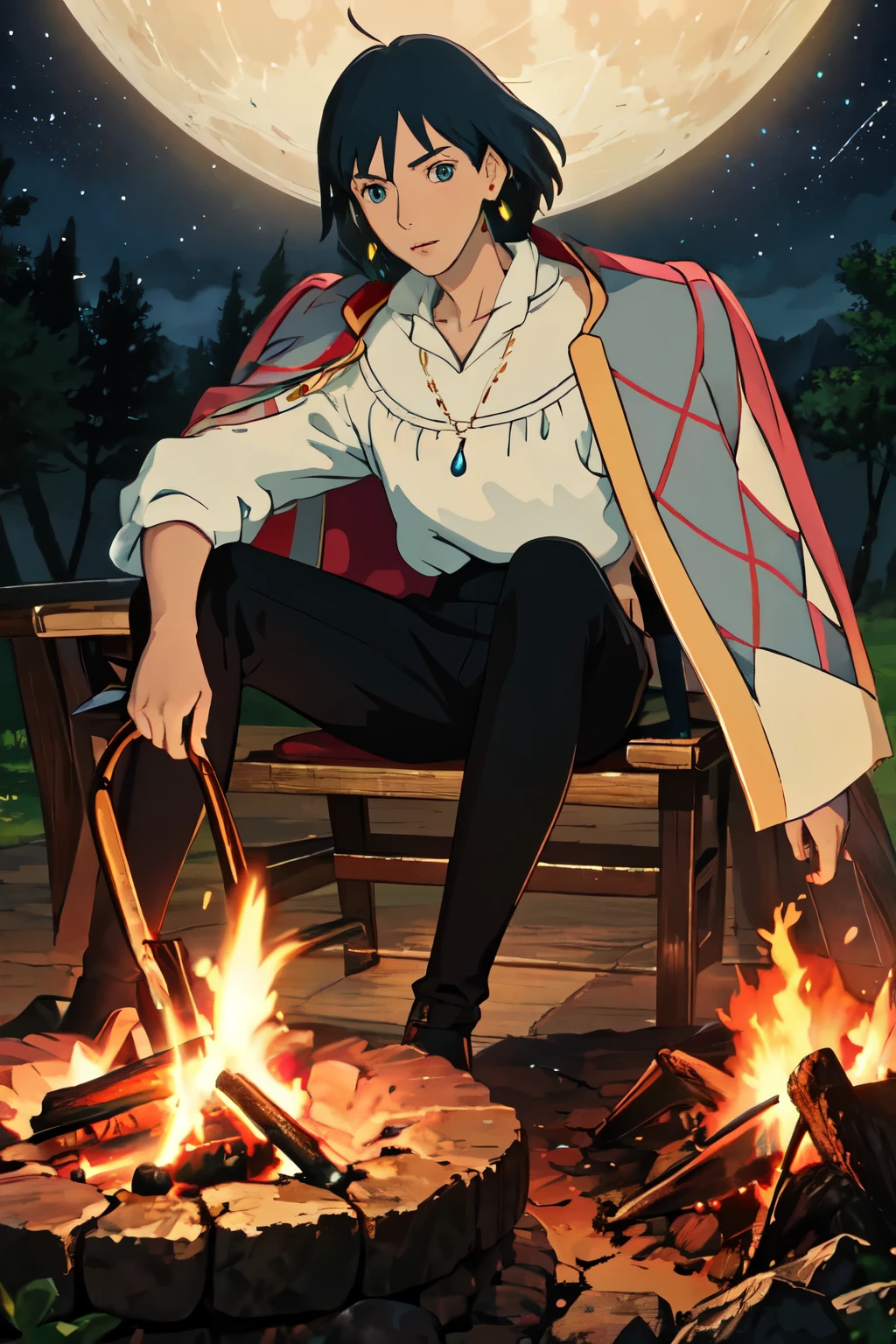 masterpiece, 1boy, solo, howl_jenkins, blue eyes, detailed eyes, necklace, earrings, jewelry, white shirt, black pants, sitting near a campfire, forest, at night, stars, moon,