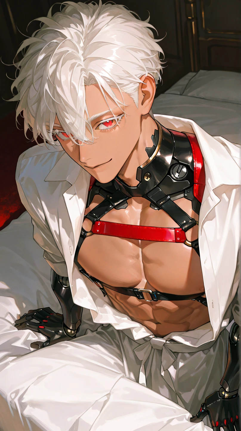 Young guy, short white hair, Cat's ears, red-eyes, Idol's clothes, open torso, Tatoo, smirk, Masterpiece, hiquality
