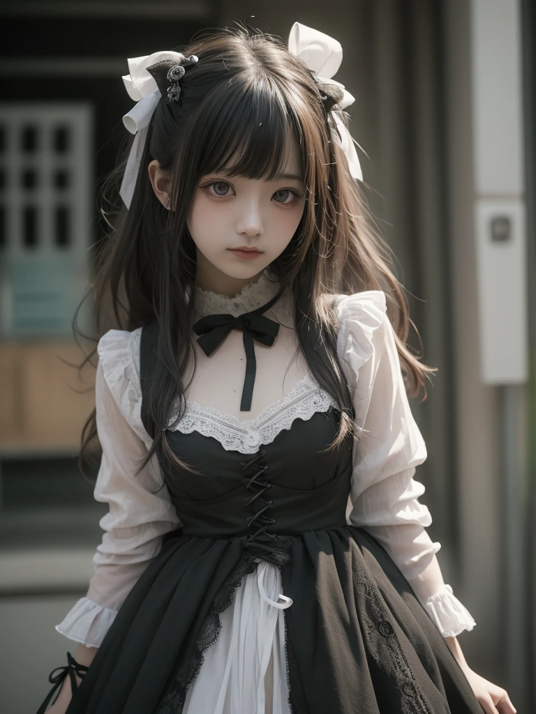 1girl, 12 years old, Famous idol, 1cute girl, very young face, masterpiece, high quality, small face, (very small tits:1.8)Gothic lolita fashion style, dramatic angle:1.4, Stroll around town,half smile:0.5,