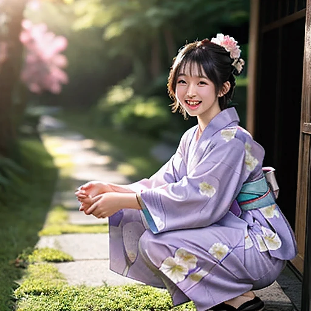 masterpiece , realistic , ultra detailed , (1girl) , laugh, (chubby:0.6), (yukata), (flower corridor), (squatting),(sunlight, ray tracing)