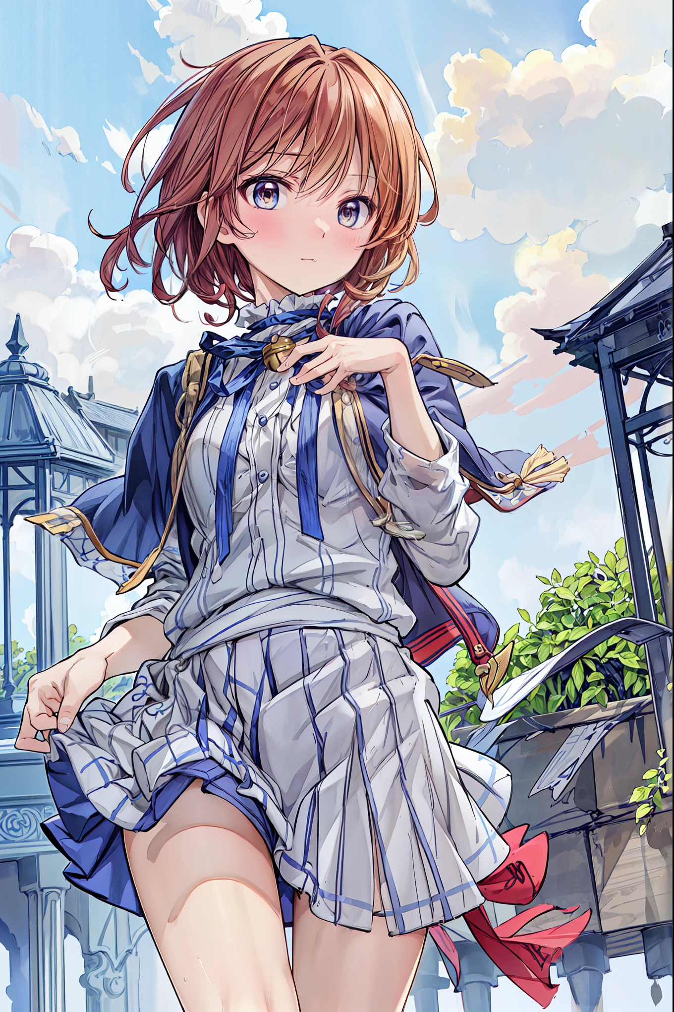 ((masterpiece)), (anime:1.5), ((Best Quality)), (RAW photo:1.2), (high resolution:1.3), (professional shooting:1.2), ( Color Difference), one girl, (()), (Serious), (beautiful brown eyes:1.3), Viewer, Plain Shirt, O-ring, disheveled hair, Medium Hair, (Put your hands in your pants), ((Take off your work pants)), 明るいbrown hair, (small breasts), Cute waist, outdoor, ((Top of the big bell tower)),brown hair,shortcuts,dark-skinned baby, short braided hair, Neat , slender beauty ,Dignity,small breasts,Beautiful Legs,her enchanting grayish blue eyes shine like stars.,Vivid Colors,Beautiful Eyes,A delicate smile,textured skin,Best Qualityのものが最高, gentle and beautiful woman ,anime風、