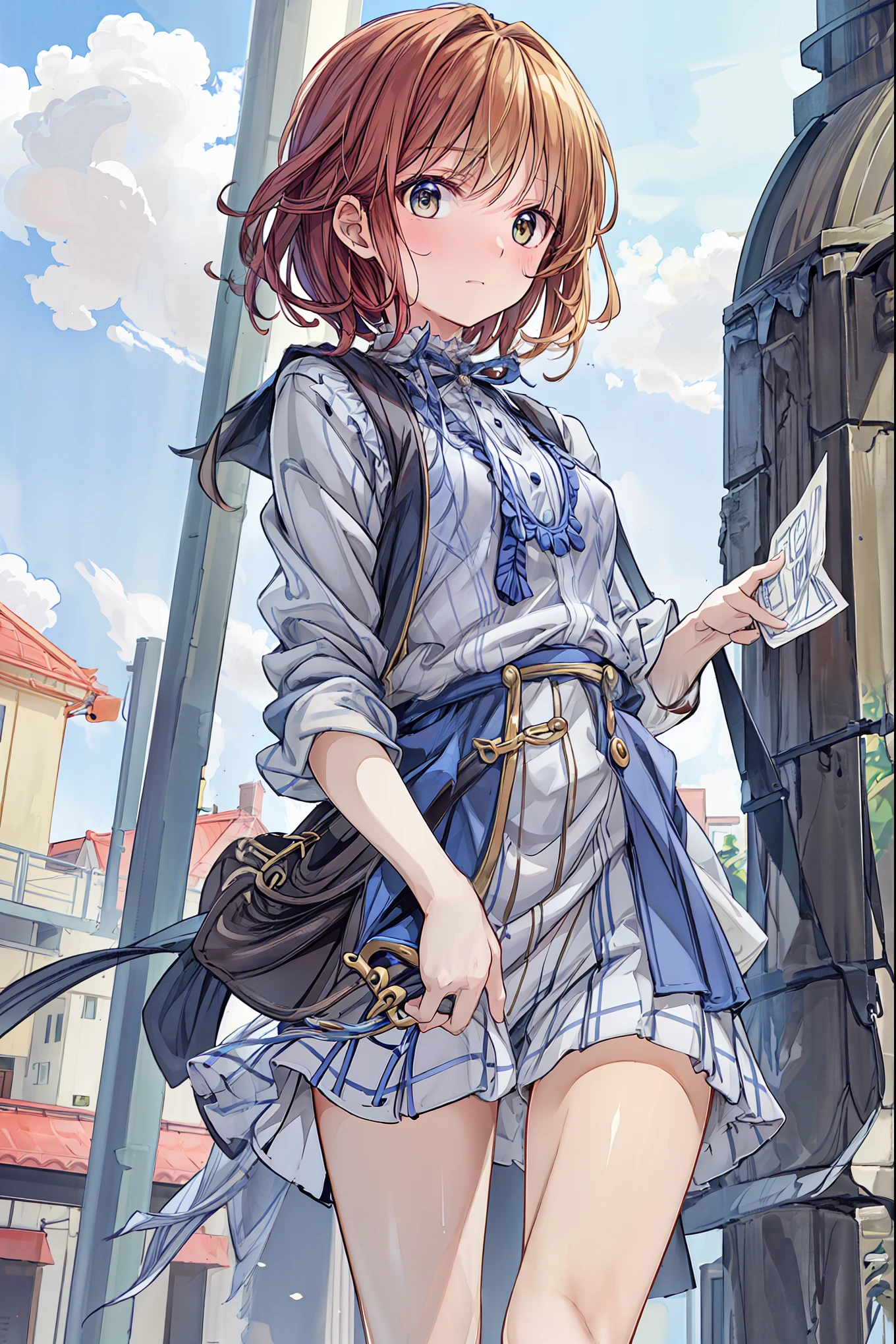 ((masterpiece)), (anime:1.5), ((Best Quality)), (RAW photo:1.2), (high resolution:1.3), (professional shooting:1.2), ( Color Difference), one girl, (()), (Serious), (beautiful brown eyes:1.3), Viewer, Plain Shirt, O-ring, disheveled hair, Medium Hair, (Put your hands in your pants), ((Take off your work pants)), 明るいbrown hair, (small breasts), Cute waist, outdoor, ((Top of the big bell tower)),brown hair,shortcuts,dark-skinned baby, short braided hair, Neat , slender beauty ,Dignity,small breasts,Beautiful Legs,her enchanting grayish blue eyes shine like stars.,Vivid Colors,Beautiful Eyes,A delicate smile,textured skin,Best Qualityのものが最高, gentle and beautiful woman ,anime風、
