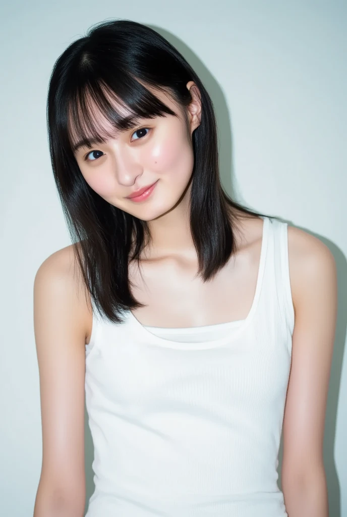 upper body, big eyes, flat chest, (arms behind back:1.1), make up, sport-bra, baby face, smile, long hair