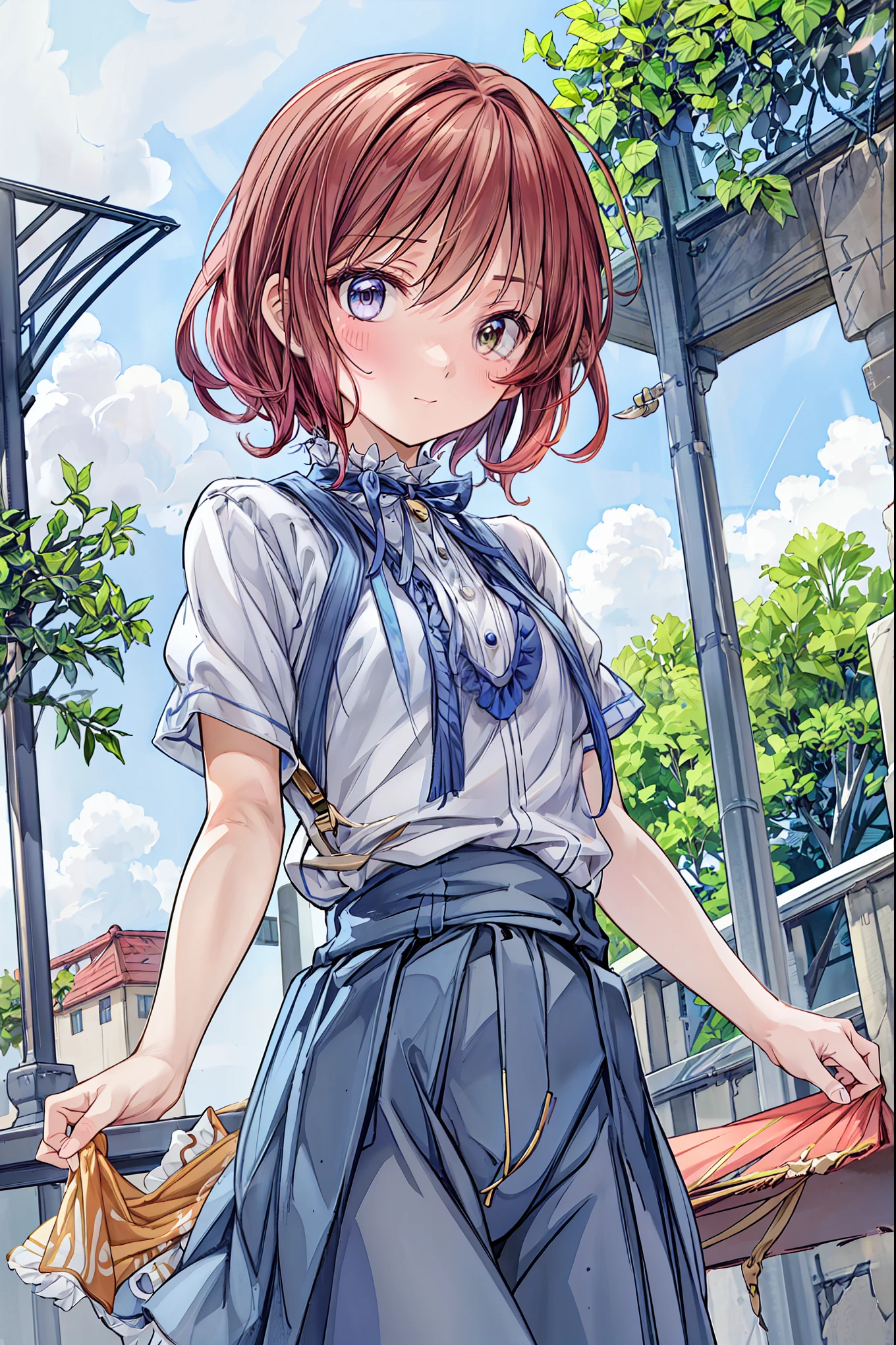 ((masterpiece)), (anime:1.5), ((Best Quality)), (RAW photo:1.2), (high resolution:1.3), (professional shooting:1.2), ( Color Difference), one girl, (()), (Serious), (beautiful brown eyes:1.3), Viewer, Plain Shirt, O-ring, disheveled hair,  Medium Hair, (Put your hands in your pants), ((Take off your work pants)), 明るいbrown hair, (small breasts), Cute waist, outdoor, ((Top of the big bell tower))，brown hair，shortcuts，dark-skinned baby， short braided hair， Neat ， slender beauty ，Dignity，small breasts，Beautiful Legs，her enchanting grayish blue eyes shine like stars.，Vivid Colors,Beautiful Eyes,A delicate smile,textured skin,Best Qualityのものが最高,  gentle and beautiful woman  ,anime風､