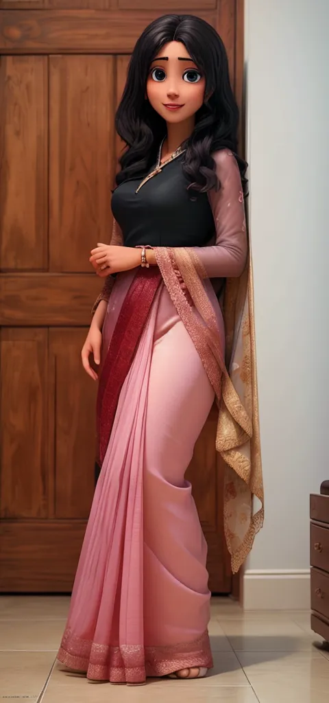 A beautiful woman standing, wearing black sari ((detailed sari)), pale skin, smooth pale skin, skin tune pink, perfect body, detailed body,((round big breast, small titts, big hips)), full body, white hair, ponytail hair, cute face, detailed face, high quality, HD, very detailed