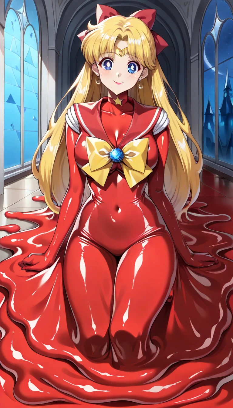 masterpiece, best quality, 1girl,blonde hair,Sui, (finely detailed heart shaped pupils and detailed face),,cowbody shot,lovestruck,extremely detailed picture unity 8k wallpaper,solo,(latex maid costume:0.9),glamour body,seductive smile,latex thighhigh,from below