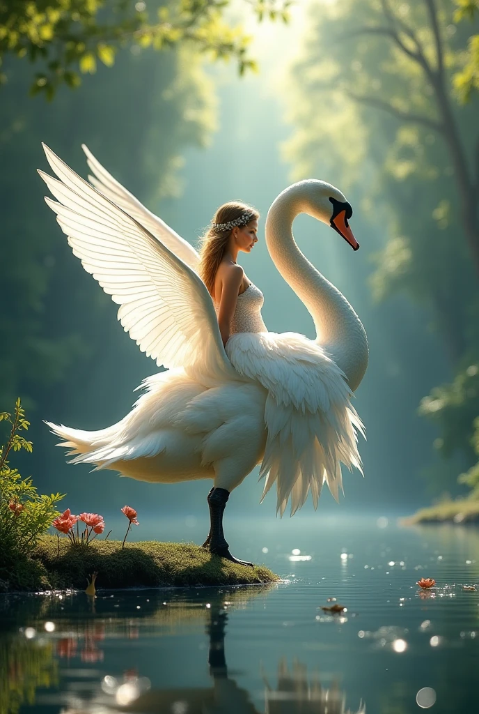 a woman hug a giant swan in a garden, full body, naked, white hair, masculine, mature, handsome, upper body, muscular, hairy torso, fantasy, intricate, elegant, highly detailed, digital painting, artstation, concept art, smooth, sharp focus, illustration, almost naked