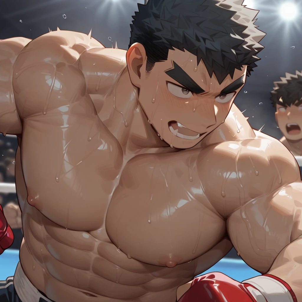 shirtless, super muscular, sweat-drenched body, 22-year old short black hair handsome caucasian male wearing white soccer shorts and shoes, panting, playing soccer on the field, sweating 