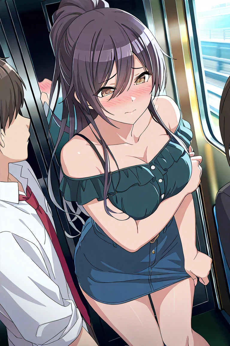 ((( in the train))),school girl,many men are 50years old,school girl is surrounded by men,((( molester))),( train),( huge breasts),( hands on own breasts),((( oshirt lift , lifted bra))),(((( ugly man is grabbing shirt forcibly from behind)))),((( nipples))),(( upper body)),(( blush, surprised)),open mouth,(( looking down)), (( ugly man is standing behind the girl)),(((( ugly 50years old man is grabbing breasts forcibly )))), (((rape,skirt)))、(((Filmed by a TV camera)))