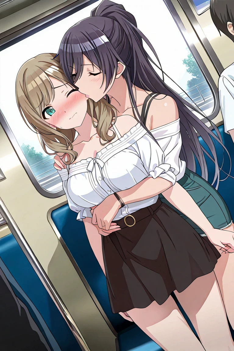 On a train, a molester is having with a topless girl in a checkered skirt, no underwear, erepples,pubic hair, short black hair, small breasts, cryingreaming in disgust, in a face-to-face cowgirl position.