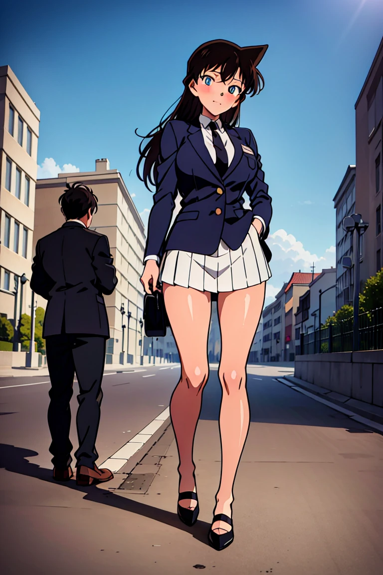 A beautiful woman with shoulder-length hair, big breasts, beautiful legs, and a sharp face is standing on a bus with middle-aged men in suits in a black sailor uniform.。