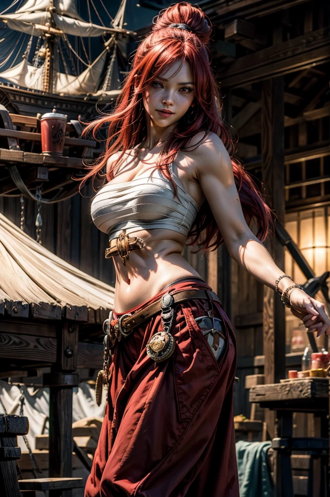 Beautiful Alluring Female pirate jenna ortega, Bare oily Skin, Athletic Well Toned Body, open vest, frilly revealing white shirt, pirate pants, leather belt, red bandana, cleavage, Barely Clothed, pirate theme Theme, nautical theme, Beautiful D&D Character Portrait, Beautiful Face, Ominous, Dark Fantasy, Fiverr Dnd Character, Octane Render, Digital Art, Extreme Detail, 4k, Ultra Hd, Polished, Beautiful, Hyperdetailed, Intricate, Elaborate, Meticulous, Photorealistic, Sharp Focus, Wlop, Character Design, Unreal Engine, 3d Rendered, Volumetric Lighting, Reflections, Glossy, Digital Illustration, Sensual Pose, Suggestive Pose, Full Body Shot, exposed breasts, small perky breasts, visible nipples, 💖❤💕💋❣
