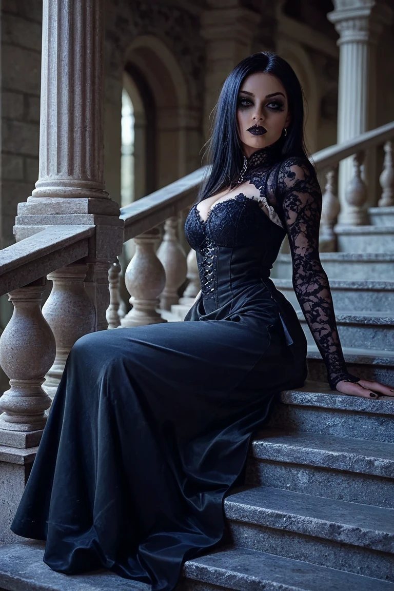Gothic woman with curves climbing the stairs of a mansion accompanied by a raven on her left shoulder