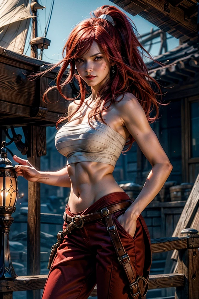 Maece is a beautiful female barmaid, red curly hair, in the style of Dungeons and Dragons, high detail serving wench outfit, high detail face, high detail skin, mature perfect body, (perfect proportions), Heavy Metal aesthetic, high fantasy medieval tavern background, high quality, masterpiece, realistic photo, intricately detailed, 8k, HDR, shallow depth of field, wide light, high contrast, backlight, light flares, sharp focus, RAW color photo, looking at the camera, cool colors, various poses