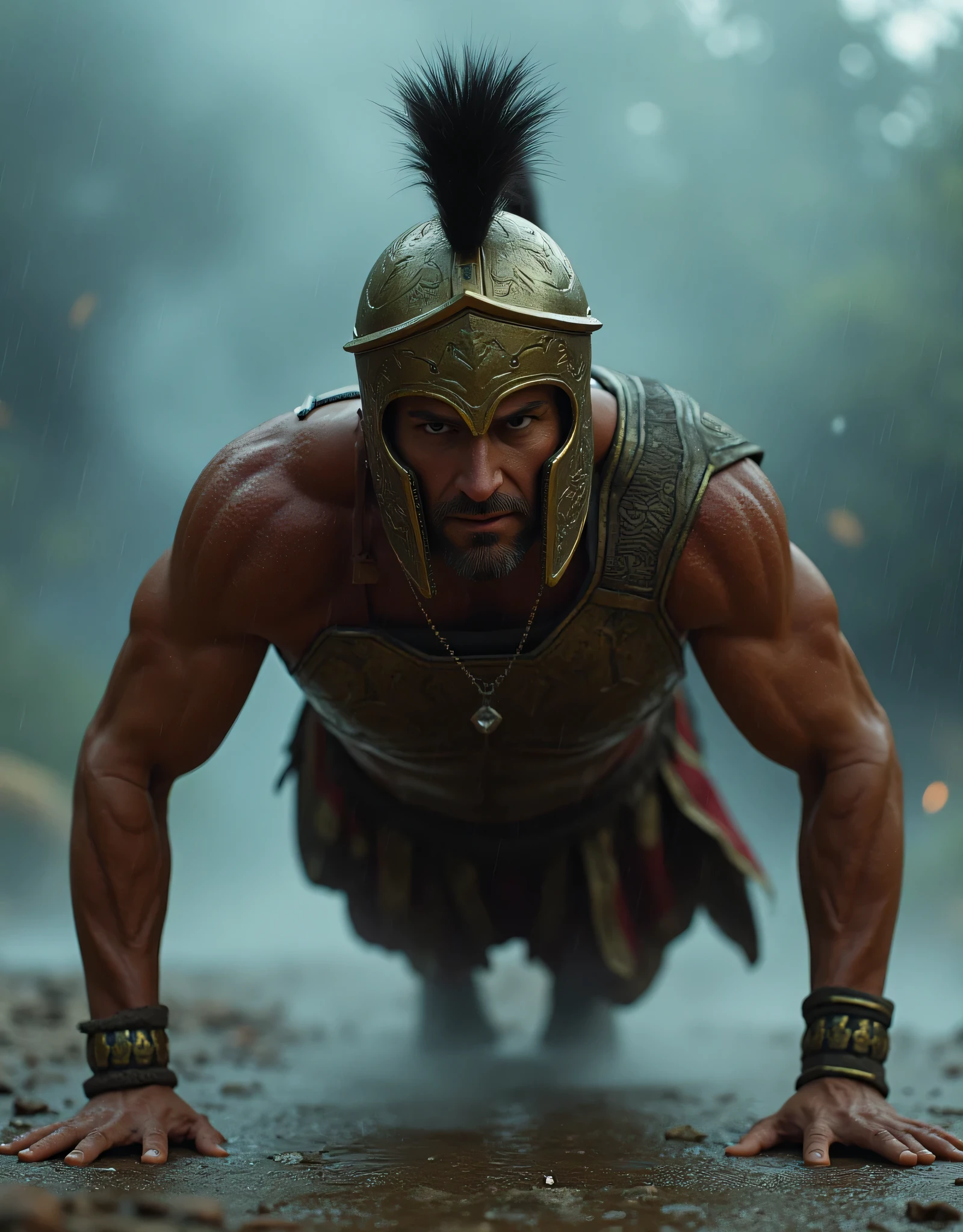 **Prompt:** Create a stunning visual representation of a fierce Spartan king from the Archaic Greek antiquity era, captured during a stormy day as he performs a perfect push-up workout. The scene should be hyperrealistic and historically accurate, showcasing his perfectly athletic and muscular physique, clad in intricately detailed bronze armor that reflects the harsh weather around him. Focus on the king’s handsome and intricate facial features, blending attributes reminiscent of actors like Tom Cruise, Tom Hardy, and Gerard Butler to evoke a striking appearance. The composition should be dynamic, with a wide-angle perspective that emphasizes the dramatic stormy backdrop, enhancing the sense of power and resilience. Aim for ultra-realistic textures and details to highlight the intensity of the moment, utilizing advanced techniques like octane 3D rendering and capturing the image with ideal settings for depth of field, shutter speed, and overall photographic quality. The artwork should embody photorealism, suitable for trending on platforms like CGSociety or DeviantArt, while maintaining an accurate representation of human anatomy throughout.