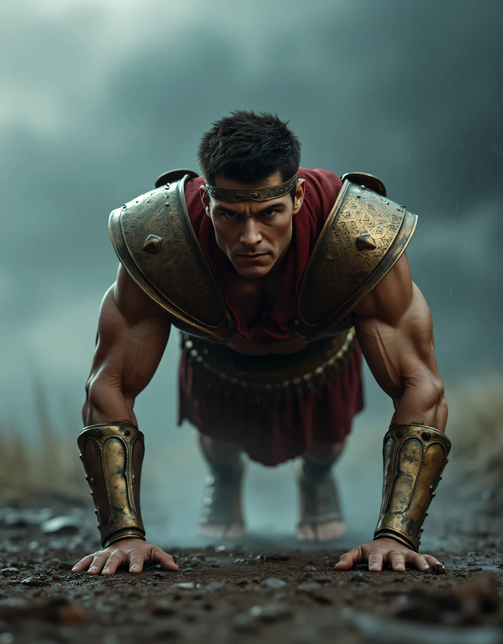 **Prompt:** Create a stunning visual representation of a fierce Spartan king from the Archaic Greek antiquity era, captured during a stormy day as he performs a perfect push-up workout. The scene should be hyperrealistic and historically accurate, showcasing his perfectly athletic and muscular physique, clad in intricately detailed bronze armor that reflects the harsh weather around him. Focus on the king’s handsome and intricate facial features, blending attributes reminiscent of actors like Tom Cruise, Tom Hardy, and Gerard Butler to evoke a striking appearance. The composition should be dynamic, with a wide-angle perspective that emphasizes the dramatic stormy backdrop, enhancing the sense of power and resilience. Aim for ultra-realistic textures and details to highlight the intensity of the moment, utilizing advanced techniques like octane 3D rendering and capturing the image with ideal settings for depth of field, shutter speed, and overall photographic quality. The artwork should embody photorealism, suitable for trending on platforms like CGSociety or DeviantArt, while maintaining an accurate representation of human anatomy throughout.