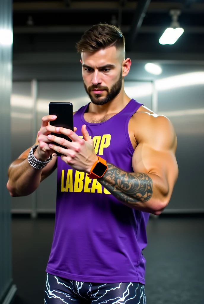 Improve his muscles and put yellow glasses on him and put a cell phone in his hand
