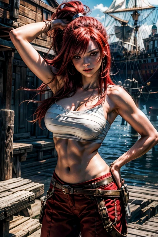 (good quality:1.2), (Ultradetailed:1.2), (ultradetailed face:1.2), (detailed blue eyes:1.2), (ultradetailed body:1.2), young girl with pistole, red hair, scars, pirate, black ship, night, battlefield, fire in the background