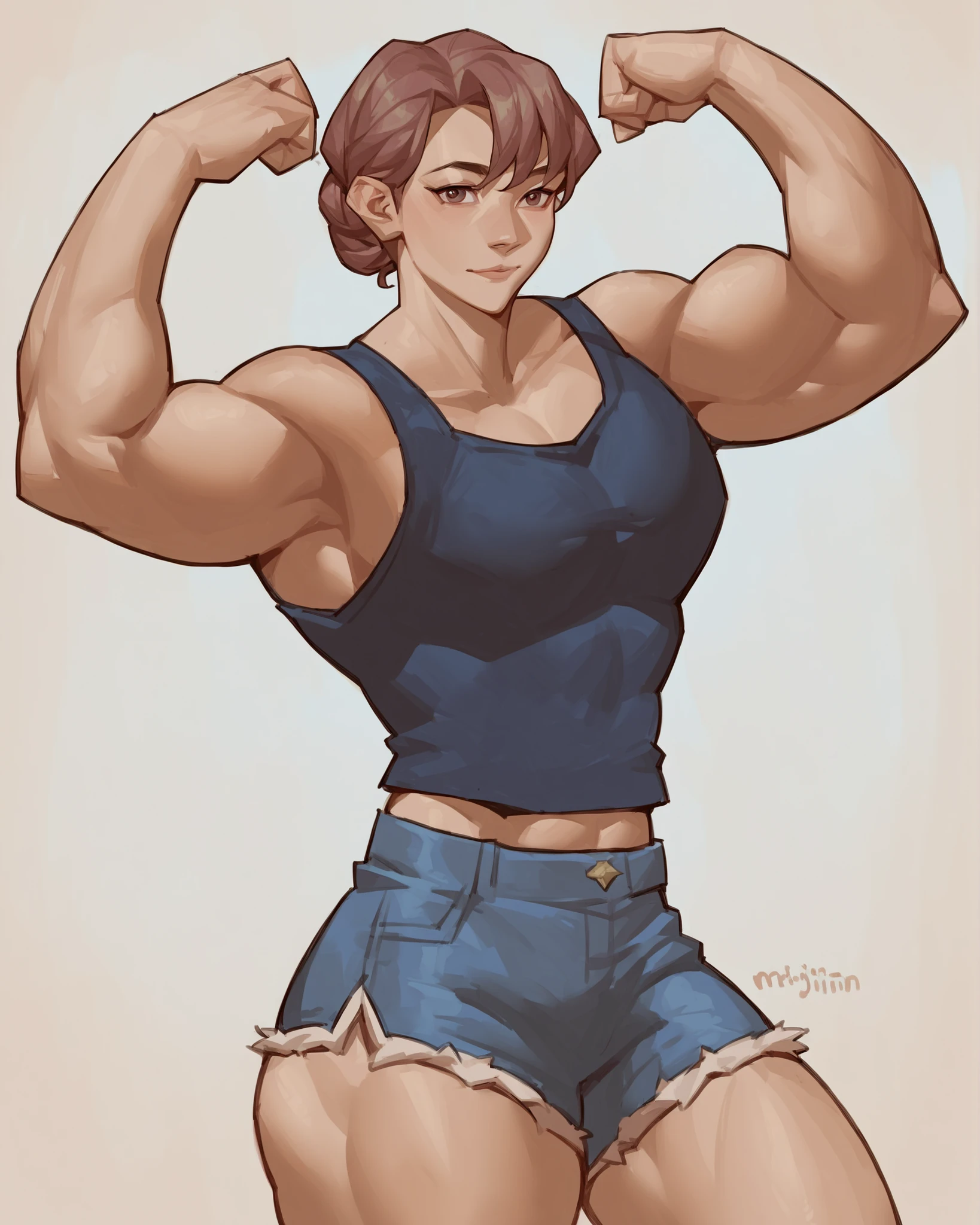 score_9, score_8_up, score_7_up, score_6_up, rating_questionable, , source_anime,
, hires, best quality, masterpiece, 1girl, detail, intricate, portrait,facing viewer, flexing, muscular female, short shorts, tank top, looking at viewer,
m4rjinn