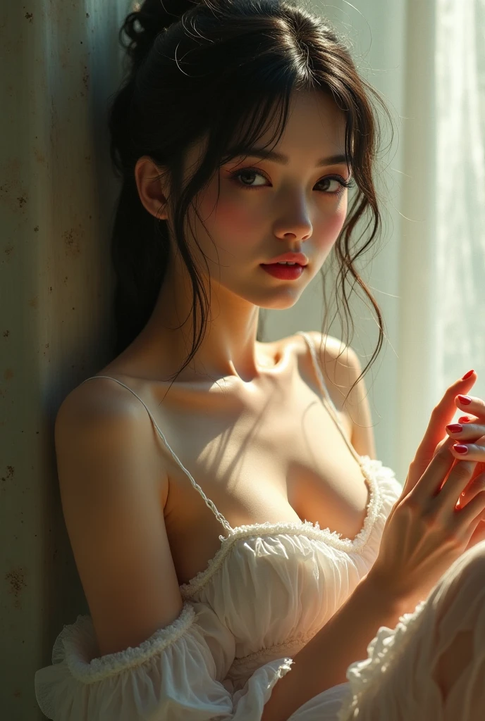 ((top quality, 8k, masterpiece: 1.3)), women (full body portrait, front, babydoll wearing, wet clothes, big breasts, cleavage),choppy sea, surfing, surf pose, overhead camera, sharp focus: 1.2, cute women: 1.4, (((hairstyle random)), wet hair, very detailed face and skin and hair texture, detailed eyes, double eyelids, white skin, beautiful delicate nose, Cute young Japan woman, 28 years old, at a dynamic angle, is pleasing to the eye and suggestive composition, emphasizing the subject's hair, eyes, mouth and action, while exuding melancholy emotions characterized by a contrasting mix of muted tones and light and shadow,