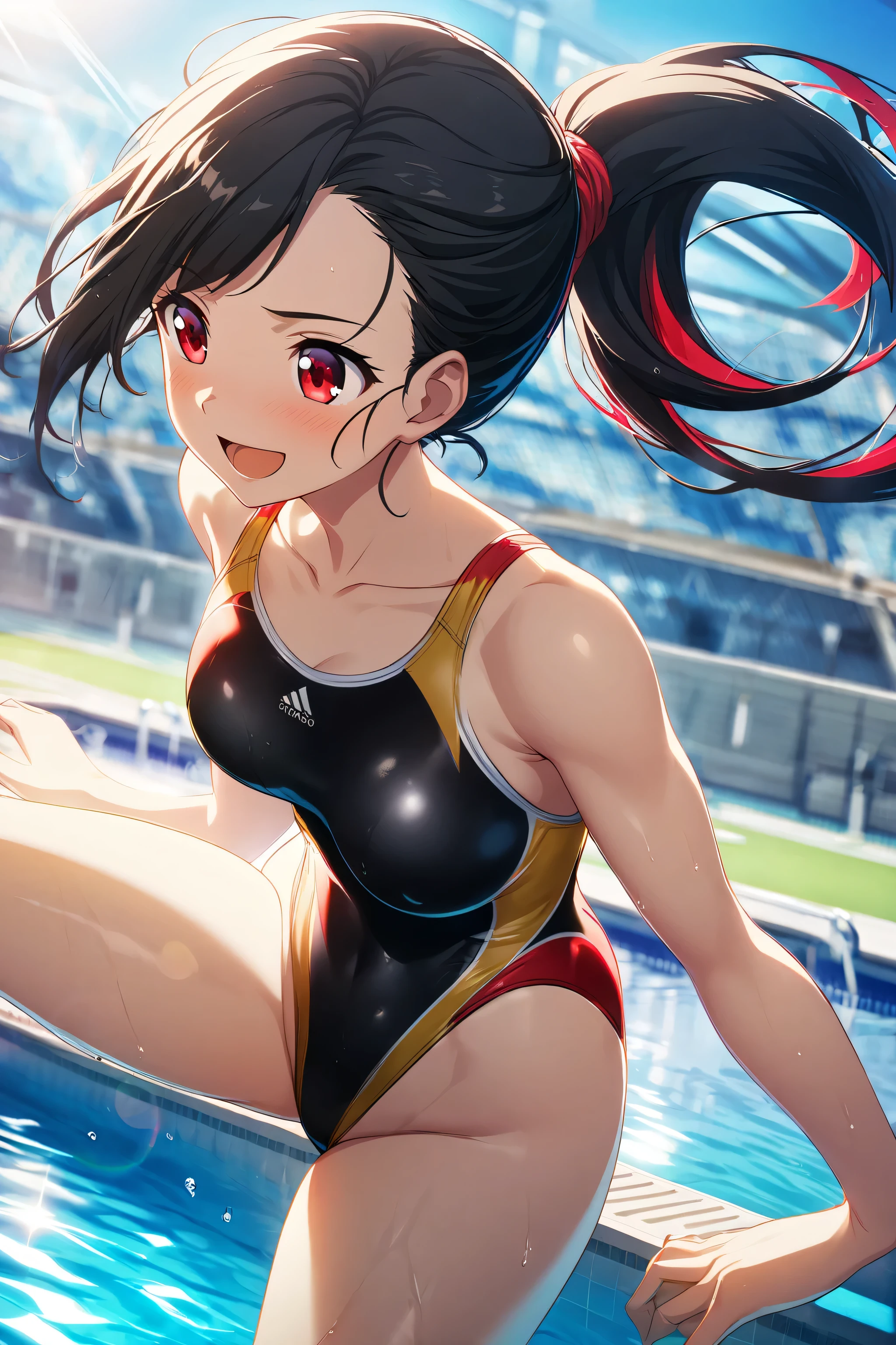 masterpiece、Highest quality、High resolution、Two realistic girls、Competitive swimmer、Close-up of a person、Wearing a white ultra-high leg bodysuit、During Competitive swimmerics competitions、smile、Swimming Venues、sexy competition swimwear