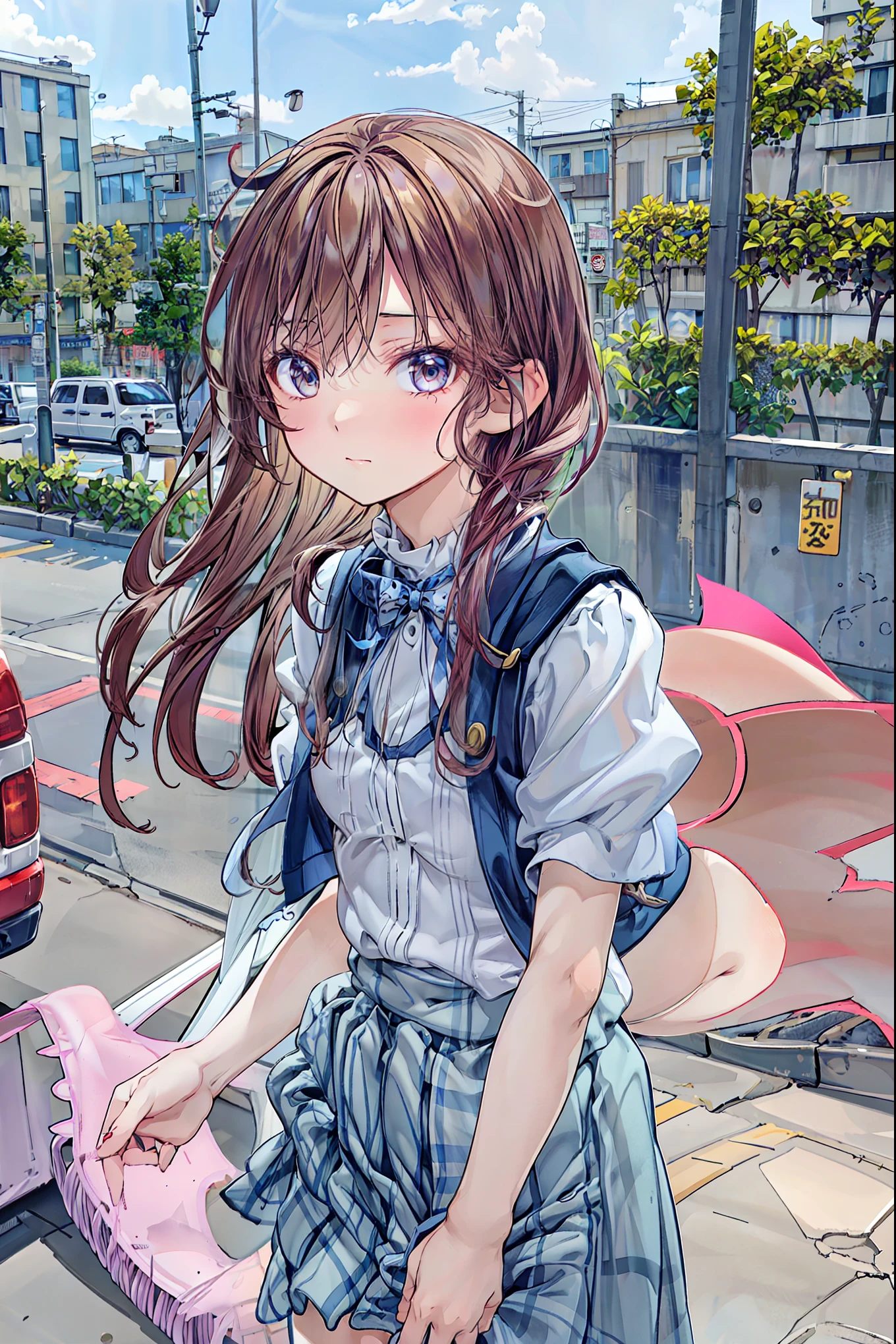 ((masterpiece)), (anime:1.5), ((Best Quality)), (RAW photo:1.2), (high resolution:1.3), (professional shooting:1.2), ( Color Difference), one girl, (()), (Serious), (beautiful brown eyes:1.3), Viewer, Plain Shirt, O-ring, disheveled hair, Medium Hair, (Put your hands in your pants), ((Take off your work pants)), 明るいbrown hair, (small breasts), Cute waist, outdoor, ((Top of the big bell tower)),brown hair,shortcuts,dark-skinned baby, short braided hair, Neat , slender beauty ,Dignity,small breasts,Beautiful Legs,her enchanting grayish blue eyes shine like stars.,Vivid Colors,Beautiful Eyes,A delicate smile,textured skin,Best Qualityのものが最高, gentle and beautiful woman ,anime風、