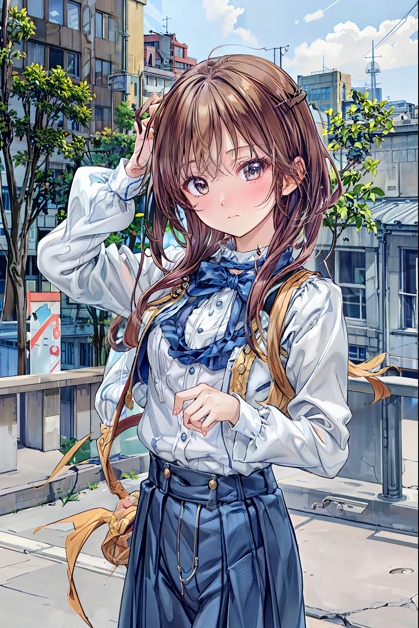 ((masterpiece)), (anime:1.5), ((Best Quality)), (RAW photo:1.2), (high resolution:1.3), (professional shooting:1.2), ( Color Difference), one girl, (()), (Serious), (beautiful brown eyes:1.3), Viewer, Plain Shirt, O-ring, disheveled hair,  Medium Hair, (Put your hands in your pants), ((Take off your work pants)), 明るいbrown hair, (small breasts), Cute waist, outdoor, ((Top of the big bell tower))，brown hair，shortcuts，dark-skinned baby， short braided hair， Neat ， slender beauty ，Dignity，small breasts，Beautiful Legs，her enchanting grayish blue eyes shine like stars.，Vivid Colors,Beautiful Eyes,A delicate smile,textured skin,Best Qualityのものが最高,  gentle and beautiful woman  ,anime風､