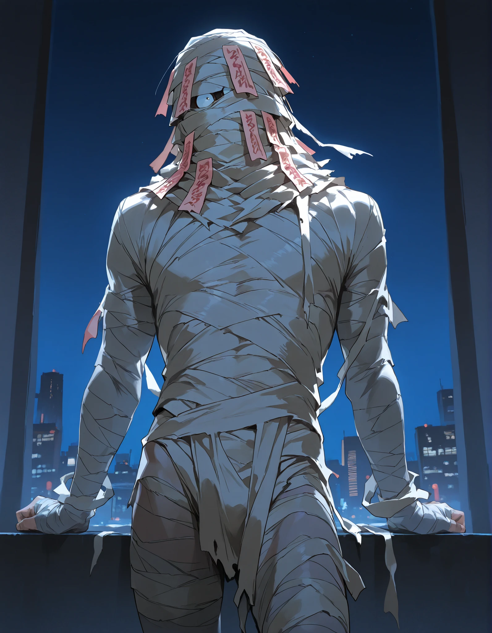 score_9, score_8_up, score_7_up, score_6_up, perfect anatomy, perfect proportions, best quality, masterpiece, high_resolution, high quality, aesthetic, absurdres, (male focus), solo male, adult, mature, masculine, manly, handsome, charming, alluring, cowboy shot, dutch angle, source_game \(Tokyo Afterschool Summoners\), source_game \(housamo\), official style \(Tokyo Afterschool Summoners\), official style \(housamo\), by naop, Zabaniyya \(Tokyo Afterschool Summoners\), TASZabaniyya, gold eyes, black hair, short hair, facial hair, stubble, TASZabaniyya_outfit03, glowing halo, mummy bandages costume, naked bandage, head bandages, body bandages, arms bandages, leg bandages, hand bandages, bandage over one eye, powerful, confident, calm expression, dark background, night, low angle, from below, look down, blush, bashful, nervous